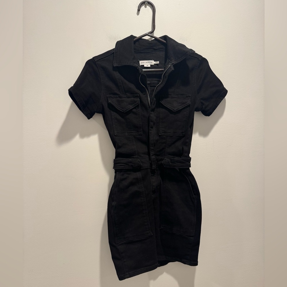 Good American Black Short Sleeve Zip Front Mini Denim Dress